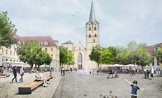 So könnte der Rathausplatz nach dem Umbau aussehen - mit einem Wasserspiel im Hintergrund, breiteren Streifen vor dem Rathaus und der Markthalle und Bäumen rechts und links vor der Münsterkirche. - TPG Landschaftsarchitekten
