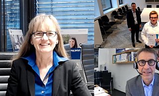 Gratulation: Petra Pigerl-Radtke, Robert Wiehofsky, Jan-Niklas Knicker und Isabel Wiehofsky, Klaus Bockermann virtuell vor. (von links im Uhrzeigersinn). - Jörg Deibert/ IHK Ostewestfalen