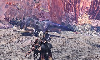 Aus der Perspektive unseres Jägers (oder Jägerin) erkunden wir die knallbunte Spielwelt, die mit ihren häufig an Dinos erinnernden Monstern reichlich Gefahren birgt. - Capcom