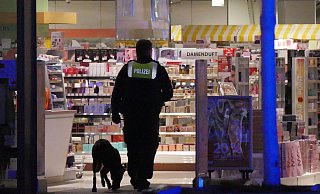 Mit einem Spürhund kontrolliert die Polizei nach Auslösung der Diebstahlwarnanlage im Müller, ob noch Personen im Geschäft sind. - Jost Wolf