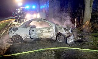 Nach dem Anprall gegen den Straßenbaum ging der Peugeot in Flammen auf und brannte vollständig aus. Der mutmaßlich verletzte Fahrer flüchtete in die Feldflur. - Ralph Meyer
