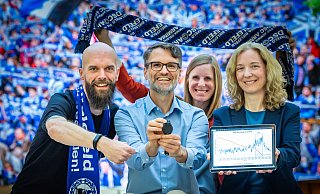Jens Franzke (Wissenswerkstadt), Christiane Fuchs (Fakultät für Wirtschaftswissenschaften, Universität), Julia Bömer (Referat für Kommunikation, Universität), Christian Deutscher (Fakultät für Psychologie und Sportwissenschaft, Universität). - Sarah Jonek