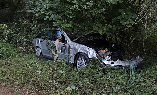 Der verunglückte Mercedes blieb an der B 241 im Gebüsch liegen. - Polizei Höxter