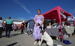 Auch einige ehemalige Bewohner des Tierheims waren zu Besuch. Aris und sein Frauchen Sidney Miller nutzten die Gelegenheit, um ein bisschen zu stöbern, nach einem schönen neuen Halsband zu suchen und eine Spende vorbeizubringen. - Ilka Gülker