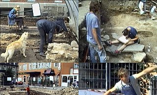 Filmmaterial von der damaligen Ausgrabung am Münster wurde in das Video zum Archäologischen Fenster eingebaut. Links oben Hund Schröder, rechts unten der blutjunge Ausgrabungsleiter Matthias Wemhoff. - Geschichtsverein