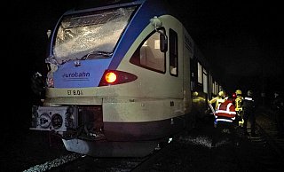 Feuerwehrleute stehen an einem verunglückten Zug in der Nähe von Rheine im Münsterland. Ein Baum war wegen eines Sturms auf die Gleise gestürzt. - TV7news/dpa