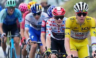 Die Top-Stars der Tour de France: Tadej Pogacar (v. r.), Jonas Vingegaard und Florian Lipowitz. Fans und Veranstalter hoffen sie auch bei der Deutschland-Tour zu sehen. - Mosa'ab Elshamy/AP/dpa