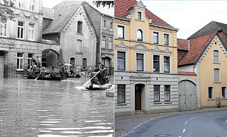 Die Einfahrt über die Diemelbrücke vom Neuen Tor hinein in die Lange Straße – heute und nach der Heinrichsflut 1965. Auch Soldaten halfen damals. - Kesting/Stadtarchiv//Flörke