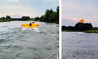Das Video zeigt, wie die Fly-Fish-Matratze zunächst über das Wasser gezogen wird (l.) und dann hebt die gelbe Matratze ab und kommt bei etwa 6 Metern Höhe schwer ins Trudeln (r.). - Screenshots: Polizei