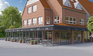 So könnte das Restaurant Grill-Alex nach dem Umbau aussehen. Die Arcaden in Richtung Rathaus würden zu Innenräumen. Auf der Seite, wo sich heute Parkplätze befinden, könnte ein Außenbereich entstehen. - Stadtplanungsbüro Tischmann Loh