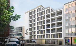 Im Gebäudeteil entlang der Friedrich-Verleger-Straße in Bielefeld befinden sich die neuen Wohnungen, die allesamt mit einer Loggia ausgestattet sind. - bhp Architekten