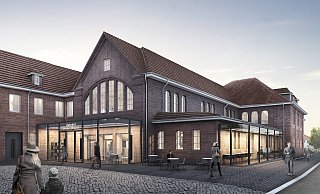 Der Bahnnhof soll zum Dritten Ort umgebaut werden, wo sich alle Löhnerinnen und treffen. Diese Visualiserung zeigt, wie das Gebäude nach dem Umbau aussehen könnte. - Baulampe Architekten