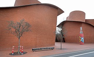 Verdorrt: Die aus der ersten Pflanzung erhaltenen Weißdorn-Bäume vor dem Museum Marta sind nun auch eingegangen. - Frank-Michael Kiel-Steinkamp