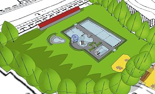 Vorschlag: So könnte sich die CDU das neue Freibad vorstellen. Die Skizze ist angelehnt an das Freibad in Bad Driburg. Rot eingezeichnet die Sanitärbereiche und Umkleiden. Diese Gebäude könnten auch im Süden des Geländes platziert werden. Gelb die mögliche Anbindung an den Beachclub. In der Mitte der beiden großen Becken soll ein Aufsichtsturm für die Schwimmmeister platziert werden. Grafik: CDU - CDU