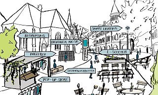 Die Skizze zeigt Gestaltungsmöglichkeiten für den Süsterplatz. Wo sonst an Sommerabenden PS-Protze herumkurven, könnten Biergartentische, Verkaufsstände oder Gepäcksafes stehen. - Bable