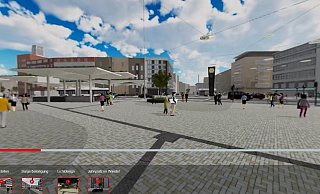 Ein blauer Himmel mit weißen Wolkenbändern überspannt die virtuelle Jahnplatz-Welt. Darunter erstreckt sich Bielefelds neue Mitte mit strukturiertem Pflaster, neuen Haltestelen und Wegeverbindungen. Im 3-D-Film kann man darin herumspazieren und alles genau betrachten. - Stadt Bielefeld