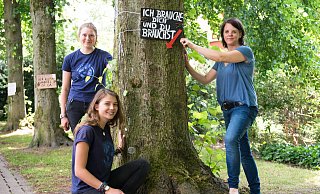 Julie Mettenbrink (v.l.), Phöbe Schröder von Fridays for Future und Svenja Winkler von Parents for Future unterstützen die Bäume bei ihrer "Baumdemo" auf dem Wall. - Ralf Bittner