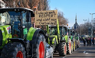 Mit einem Traktor-Konvoi demonstrieren Bauern gegen Subventionskürzungen. - Uwe Zucchi/dpa