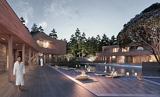 Ruhezone unter Baumwipfeln: Die beiden Gebäude werden mit Holz verkleidet, in der Mitte sollen ein Teich und ein Pool angelegt werden. - Visualisierung: Westfalen-Therme
