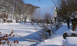Die Rürupsmühle auf dem Wittel im Winter. Der kleine Teich ist zugefroren und mit einer Schneeschicht überzogen. - Katrin Hameier