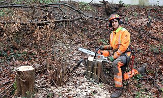 Oliver Richter ist Baumkletterer. Er sägt die Bäume an der Böschung der A2 ab. - Marion Pokorra-Brockschmidt