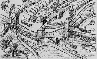 Bielefeld, wie es im 13. Jahrhundert ausgesehen haben soll. - Buch: Geschichte der Stadt Bielefeld, R. Vogelsang. Verlag Wolfgang Winkel.