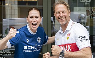 Steffi Butt und Timo Hildebrand fiebern dem Pokalfinale entgegen – und warten auf die nächste Gelegenheit, sich gegenseitig in die Pfanne zu hauen. - Glückspilz