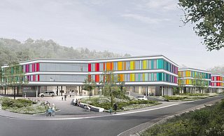 Blick auf den Eingang: An der Ecke Kantensiek/Grenzweg/Bethesdaweg können die Besucher in die neue, bunte Klinik gehen. - Bethel