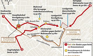 Hier sind die verschiedenen Aktionen des Bündnis gegen Rechts am Samstag, 9. November, in der Karte zu sehen. Die beiden Versammlungen für die Stolpersteine fehlen. - Grafik Jürgen Schultheiß