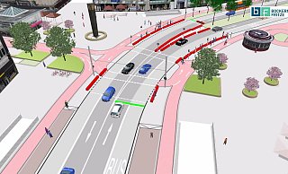 Je eine Spur für Autos und Busse sieht das Konzept vor.  Rote und grüne Balken sollen die Ampelphase anzeigen. - Bockermann Fritze