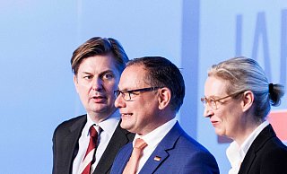 Maximilian Krah (l) auf dem Podium bei dem AfD-Bundesparteitag in der Magdeburger Messe. - Carsten Koall/dpa