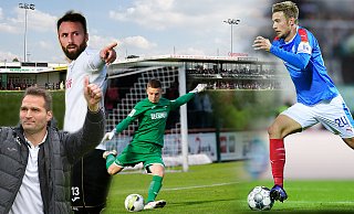 Trainer Guerino Capretti und die Spieler Zlatko Janjic und Robin Brüseke wollen gegen Hauke Wahl (rechts) und Holstein Kiel die nächste Pokalüberraschung perfekt machen. Wie das gelingen soll, erklären sie im Videofeature "Der absolute Außenseiter". - Montage: Roland Thöring