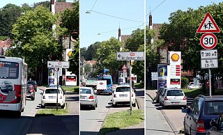 Vom Quellenhofweg aus (noch 120 Meter bis zur 30er-Zone) ist das Tempolimit vom Oetker-Hinweis verdeckt (l.). Das ändert sich etwa 40 Meter später (Mitte). Nun taucht das Schild drunter auf. Beim Passieren ist es dann einwandfrei erkennbar (r.). - Jens Reichenbach