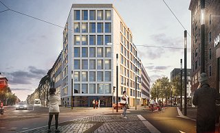 So präsentiert sich künftig das von "bhp" gestaltete "WilhelmEins" vom Jahnplatz aus: Mit einer Fassade aus hellem Kalkstein und raumhohen Fenstern. - bhp Architekten