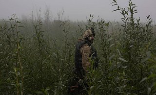 Ein ukrainischer Marinesoldat geht durch ein Gelände an der Frontlinie nahe des Flusses Dnepr. - Alex Babenko/AP/dpa