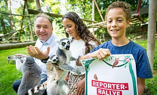 Auf Tuchfühlung mit den Kattas: Tierparkleiter Thorsten Dodt füttert mit Annika und Leonard (v. l.) die zutraulichen Lemuren. Auch andere Kinder haben die Chance, so ein tierisches Erlebnis zu gewinnen - beim Tierparkfest mit der NW. - Sarah Jonek