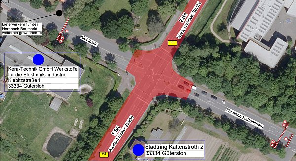 Der Verkehr in Richtung Gütersloh wird von der Brockstraße rechts in den Stadtring Kattenstroth und dann weiter auf die Neuenkirchener Straße (L782) geführt. - © Straßen NRW