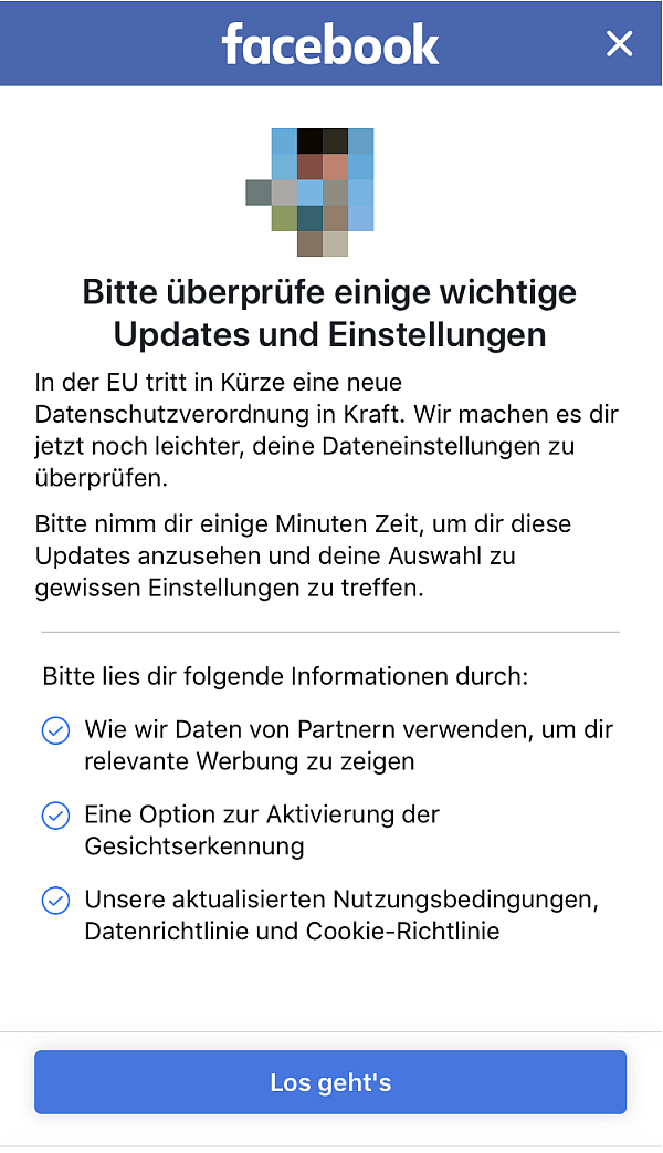 Neue Funktionen und angepasste Datenschutzrichtlinien, so startet in der Facebook-App die Abfrage für die User. - © screenshot/nw.de