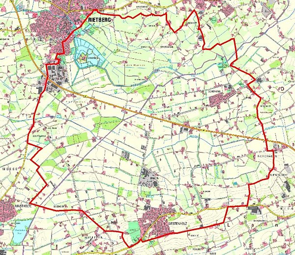 Die lila gefärbte Linie ist die Kreisgrenze. Die rot markierte Linie ist die Begrenzung der Überwachungszone. - © Kreis Paderborn