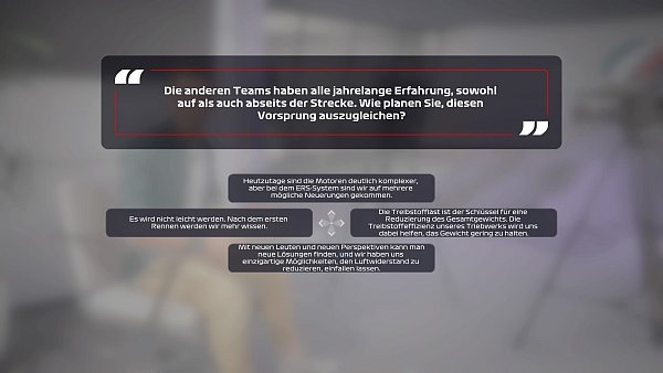 Mithilfe der bereits bekannten Interviews haben wir die Möglichkeit, die Leistung unseres Teams wie auch unsere Sympathie und Fairness in den Augen der Fans zu beeinflussen. - © Codemasters