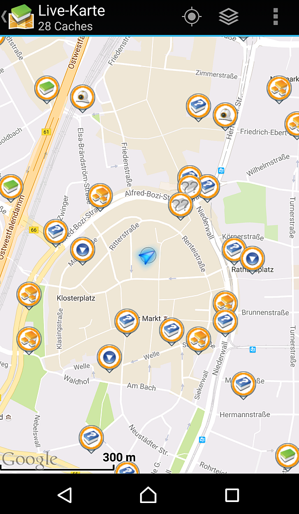 In der Live-Karte werden alle Caches in der Nähe angezeigt. - © Screenshot