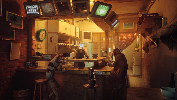 "Für mich bitte nur ein Glas Milch." Nachdem wir mit den Pfoten eine Runde Billard gespielt haben, gesellen wir uns zu den Robotern an die Theke. - © Annapurna Interactive
