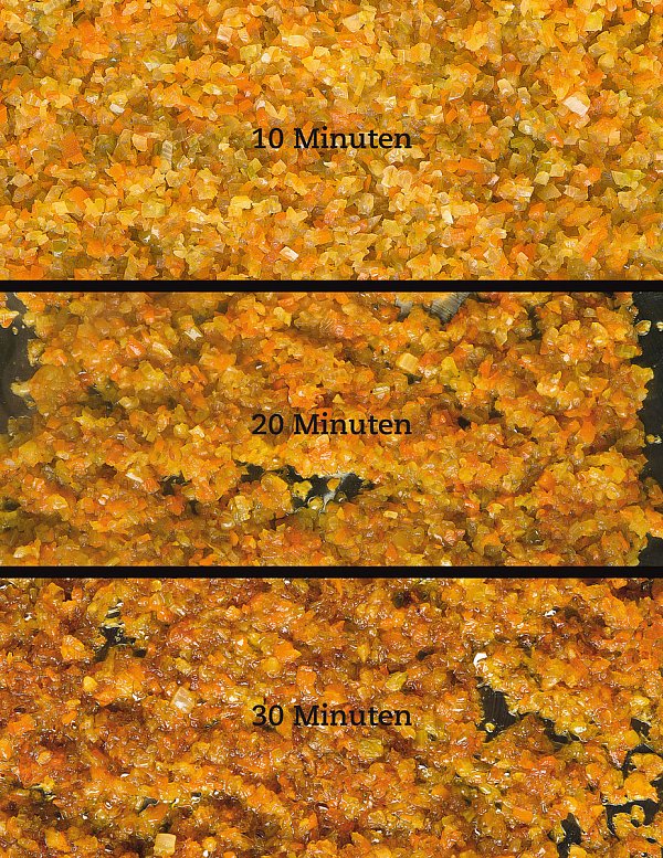 Drei Garstufen: Eigentlich ist ein Soffrito nach 20 Minuten gut - aber man kann es auch auf 30 Minuten strecken. - © Craig Fraser 2017 / Aus: cook. better., Sieveking Verlag 2017