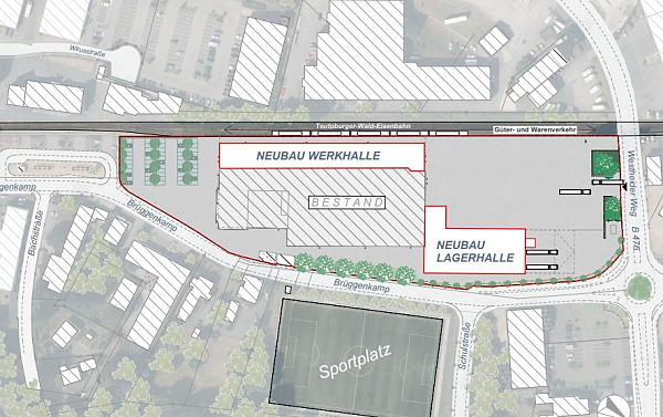 Das Unternehmen Brüninghaus wächst um zwei Gebäude. Der Lkw-Verkehr wird
künftig hauptsächlich über den Westheider Weg (r.) abgewickelt. - © Brüninghaus