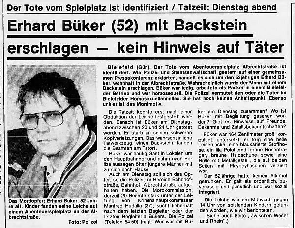 Am 23. März 1990 berichtet die NW über den Mordfall Erhard Büker - bis heute fehlt jede Spur vom Täter. Das Foto und der Nachname des Opfers wurden nachträglich unkenntlich gemacht. - © NW-Archiv