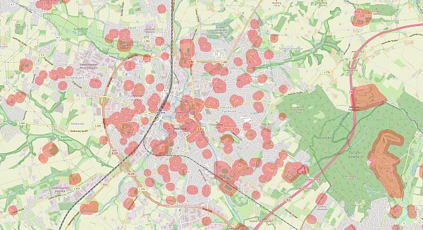 Viele rote Kreise sind in der Herforder Neustadt zu sehen. - © Bubatzkarte/bubatzkarte.de