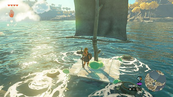 Mit dem selbst zusammengebauten Floss kann Link die verschiedenen Gewässer schnell überqueren. - © Nintendo, 2023