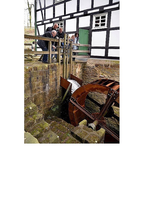 Bürgermeister Jost Egen (v.l. an der ), Friedrich Rohlfing, Heinrich Fangmeyer, die beiden Rohlfing-Töchter und Elke Röscher betrachten das neue Mühlrad. - © FOTOS: IMME LOREK