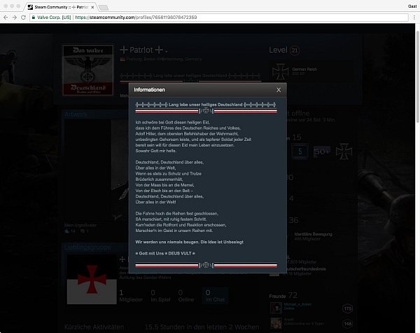 In der Profilansicht leistet der User "Patr!ot" ganz offen den Führereid. Sein Profil ist mittlerweile nicht mehr auffindbar. Möglicherweise hat Steam reagiert, vielleicht aber auch der User das Profil gewechselt. - © Screenshot: Christian Hubertus