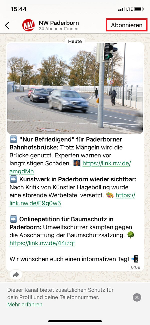 Die Ansicht des Whatsapp-Kanals der NW Paderborn. Als Nutzer des Messenger-Dienstes können Sie auf "Abonnieren klicken", hier rot umrandet. - © Marc Schröder
